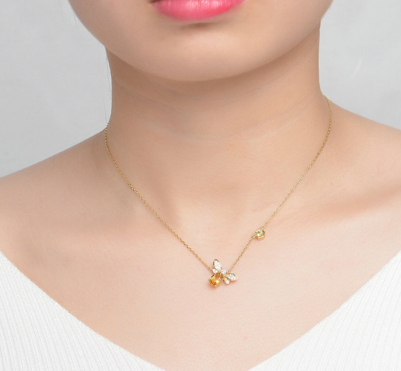 Natural citrine peridot  bee necklace