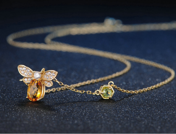 Natural citrine peridot  bee necklace