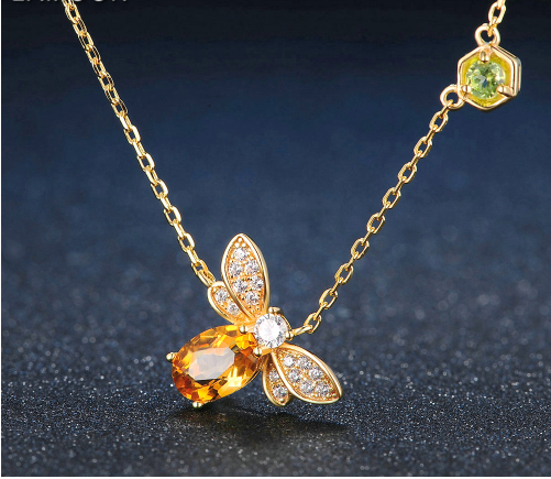 Natural citrine peridot  bee necklace