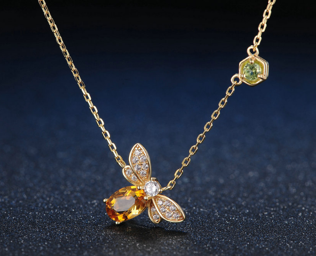 Natural citrine peridot  bee necklace